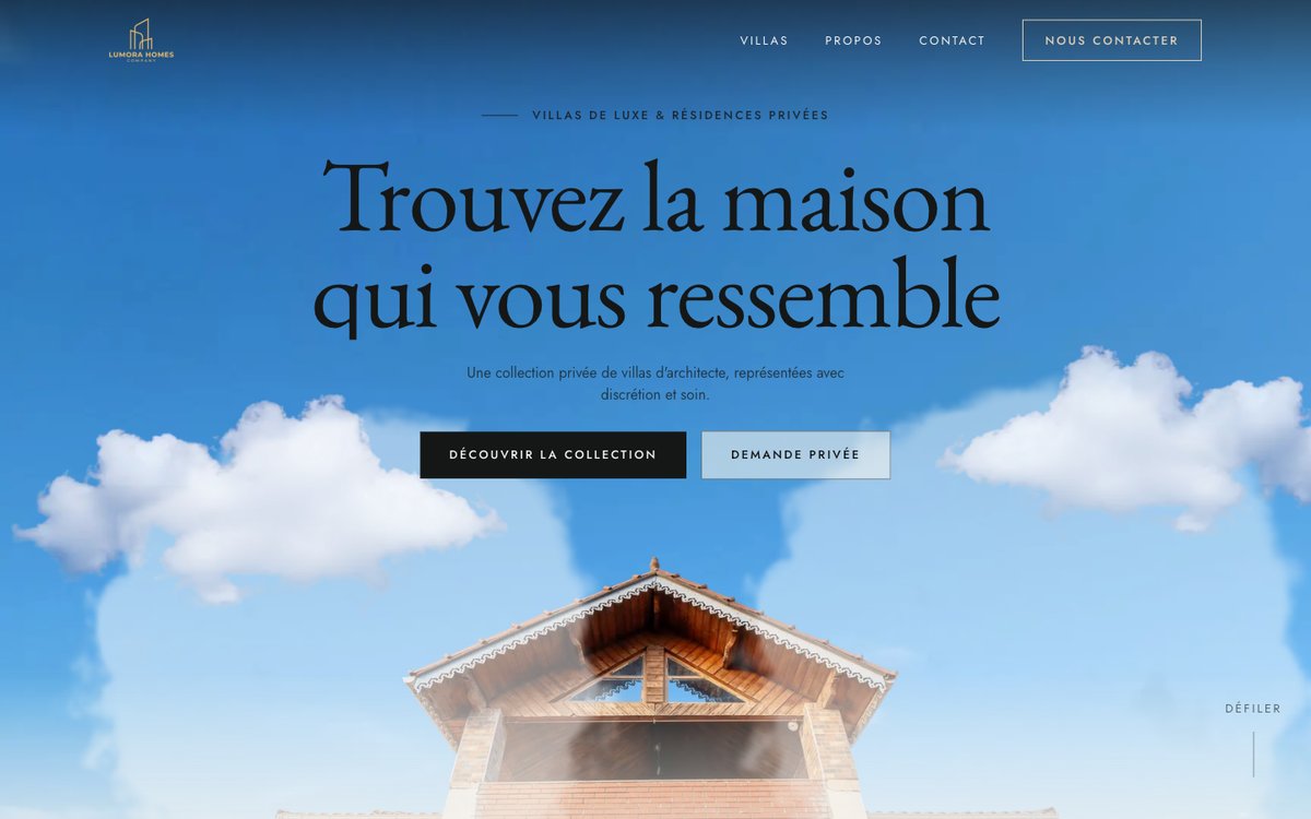 الصفحة الرئيسية لموقع Lumora Homes لعرض الفلل الفاخرة: عنوان بخط serif فوق صور معمارية متعددة الطبقات بلمسات ذهبية هادئة.